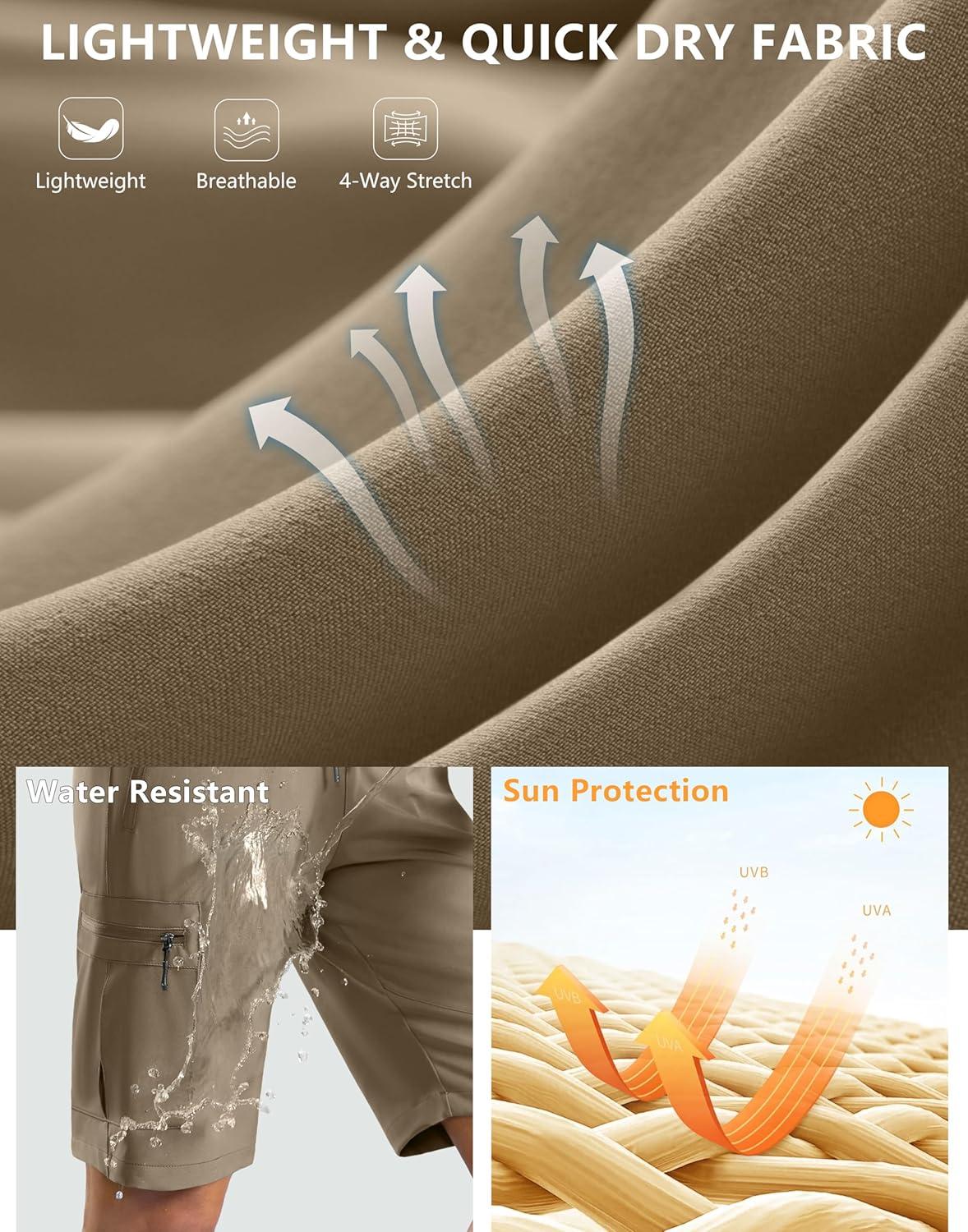 imageSANTINY Womens 10 Lightweight Hiking Cargo Shorts with 5 Zipper Pockets Quick Dry Summer Long Travel Golf Shorts for WomenDusty Khaki