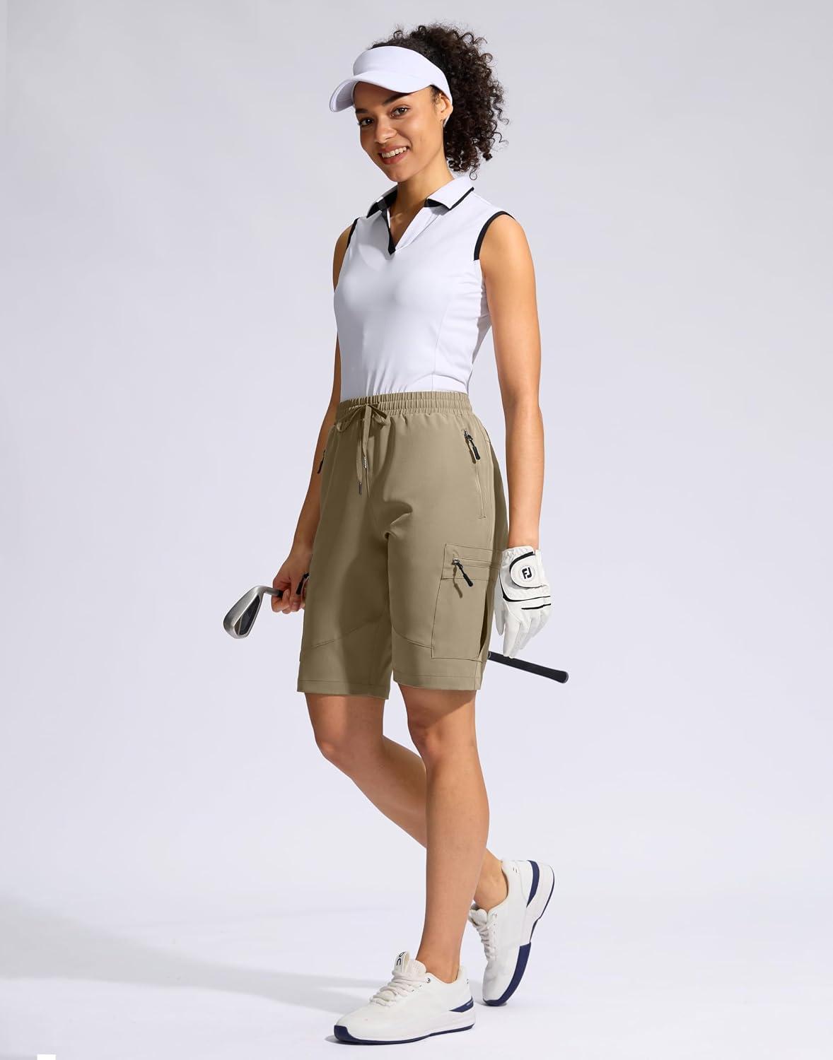 imageSANTINY Womens 10 Lightweight Hiking Cargo Shorts with 5 Zipper Pockets Quick Dry Summer Long Travel Golf Shorts for WomenDusty Khaki