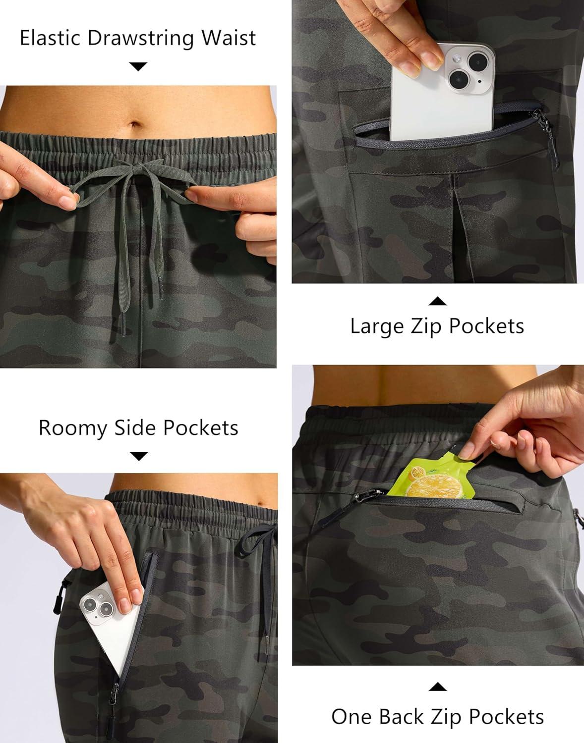 imageSANTINY Womens 10 Lightweight Hiking Cargo Shorts with 5 Zipper Pockets Quick Dry Summer Long Travel Golf Shorts for WomenGreen Camo