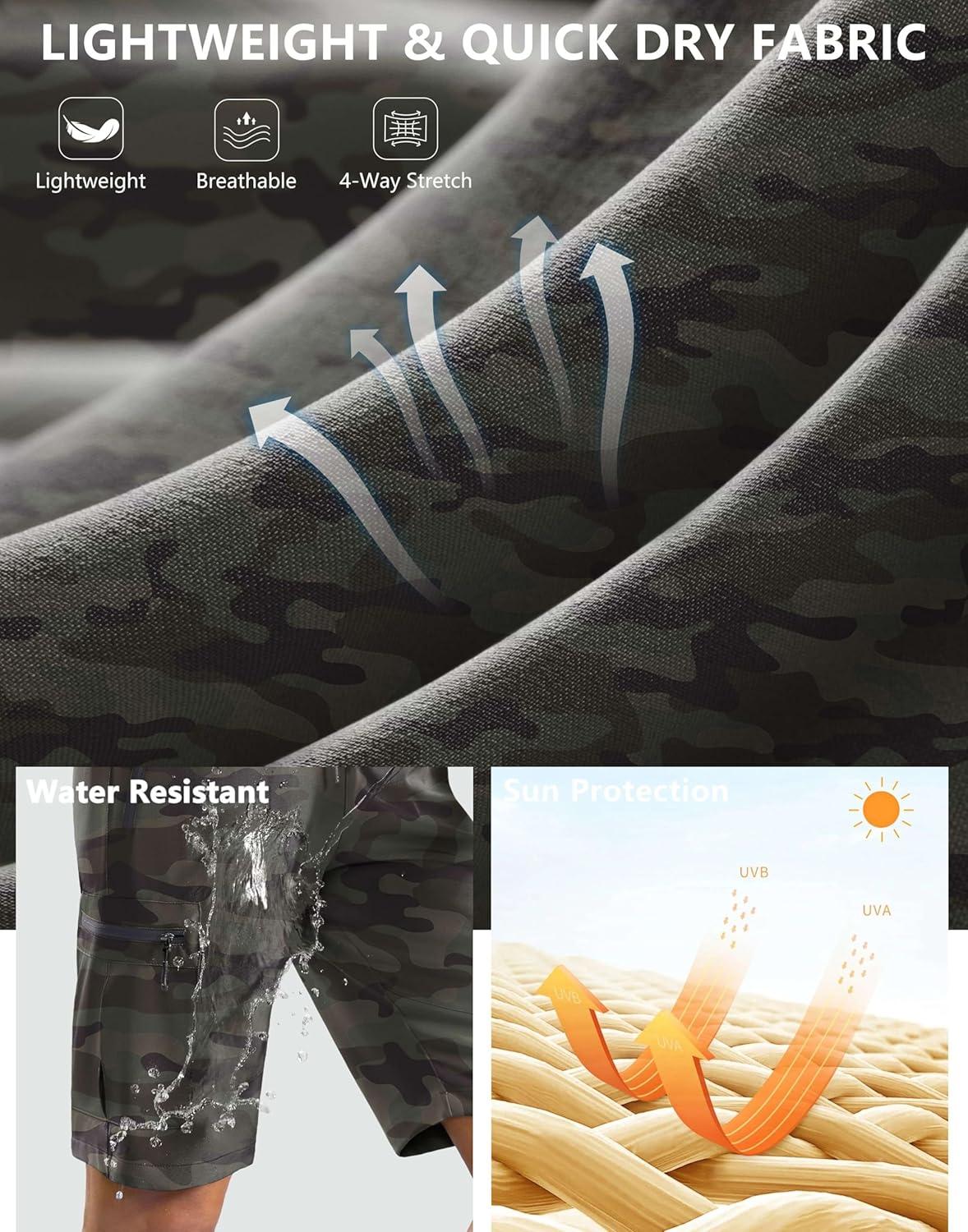 imageSANTINY Womens 10 Lightweight Hiking Cargo Shorts with 5 Zipper Pockets Quick Dry Summer Long Travel Golf Shorts for WomenGreen Camo