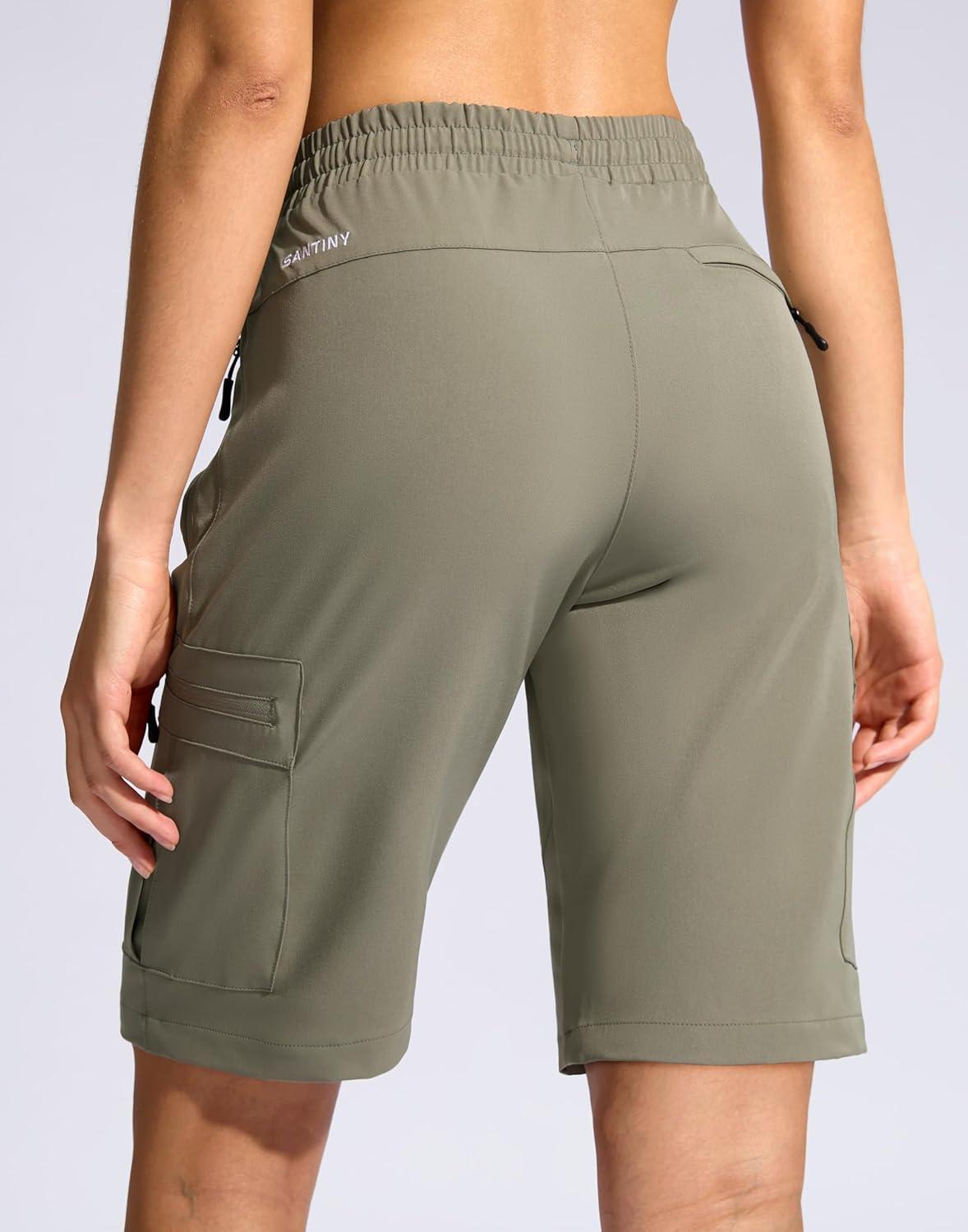imageSANTINY Womens 10 Lightweight Hiking Cargo Shorts with 5 Zipper Pockets Quick Dry Summer Long Travel Golf Shorts for WomenGrey Sage