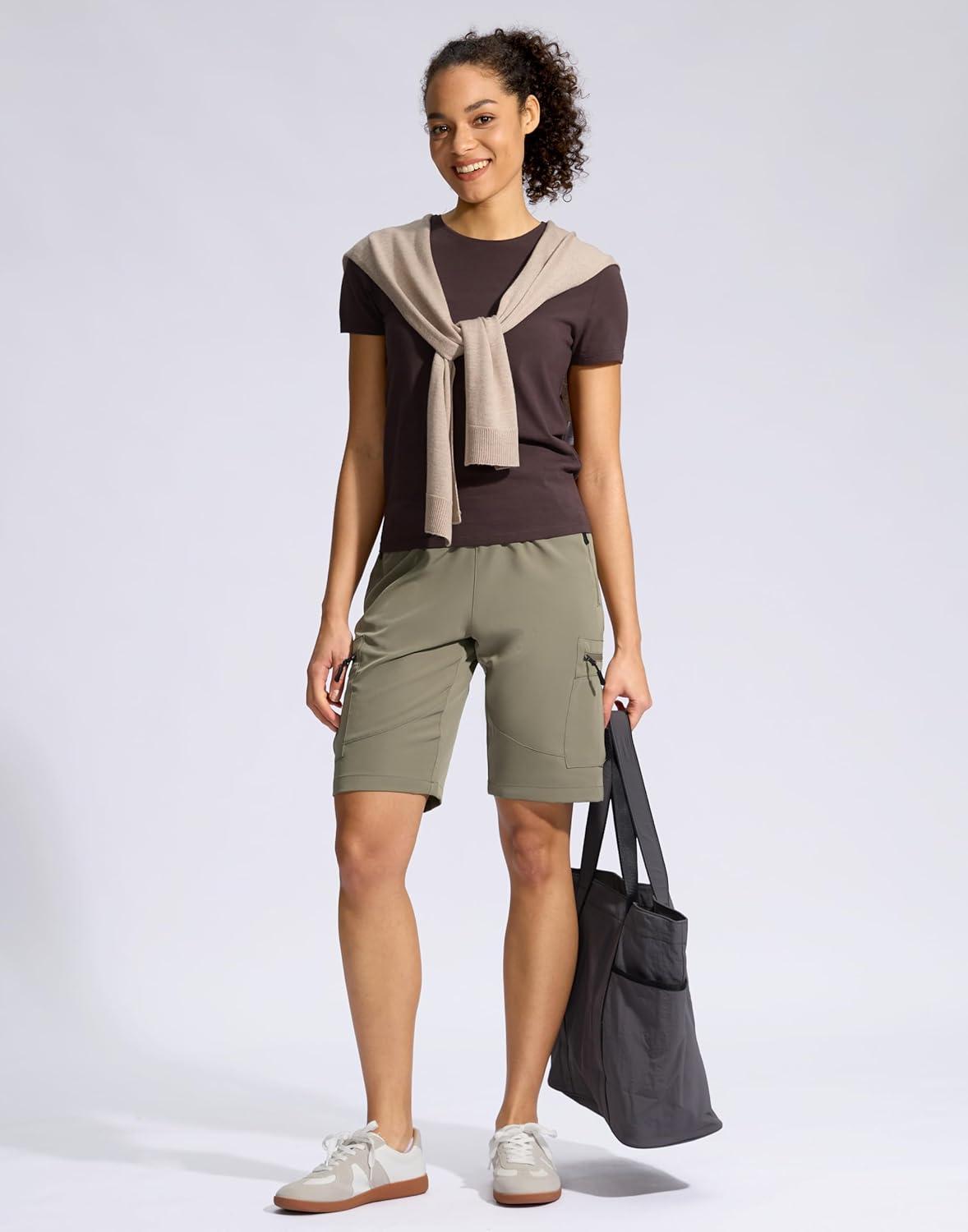 imageSANTINY Womens 10 Lightweight Hiking Cargo Shorts with 5 Zipper Pockets Quick Dry Summer Long Travel Golf Shorts for WomenGrey Sage