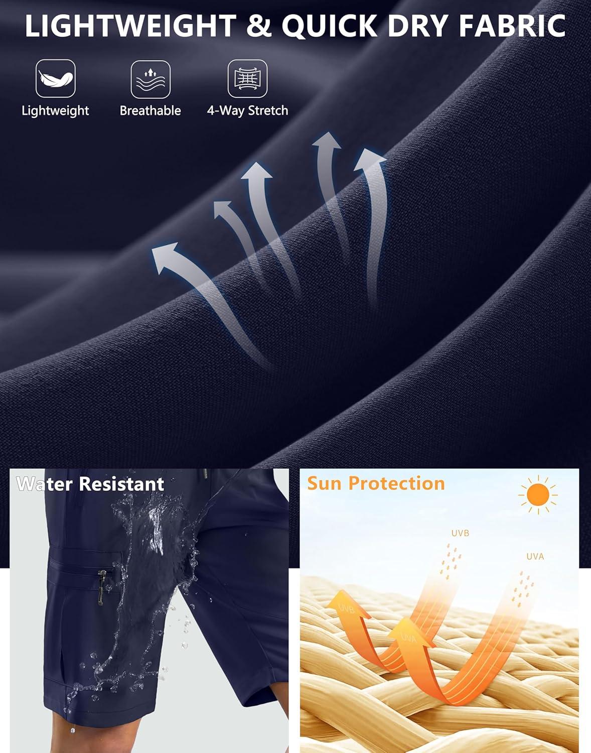 imageSANTINY Womens 10 Lightweight Hiking Cargo Shorts with 5 Zipper Pockets Quick Dry Summer Long Travel Golf Shorts for WomenNavy