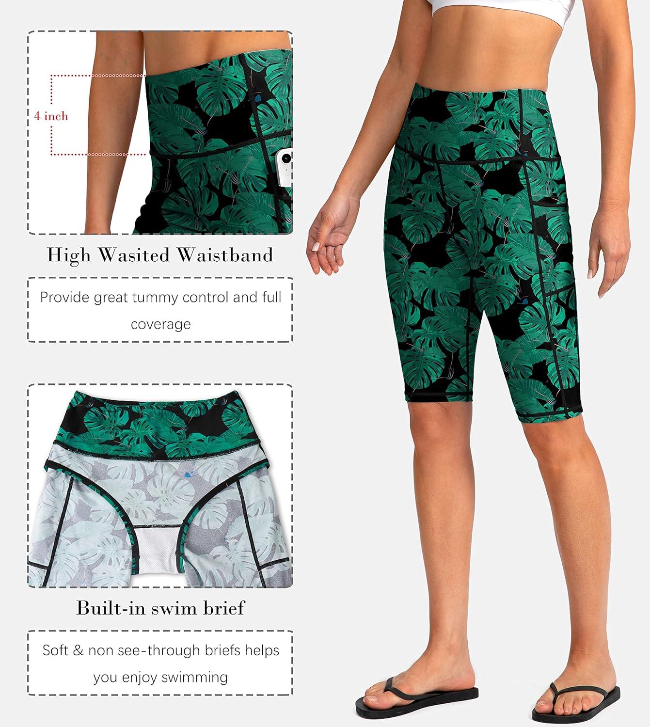 imageSANTINY Womens 812 High Waisted Swim Shorts with Pockets UPF50 Long Board Swimming Shorts for Women with Liner12inleaf