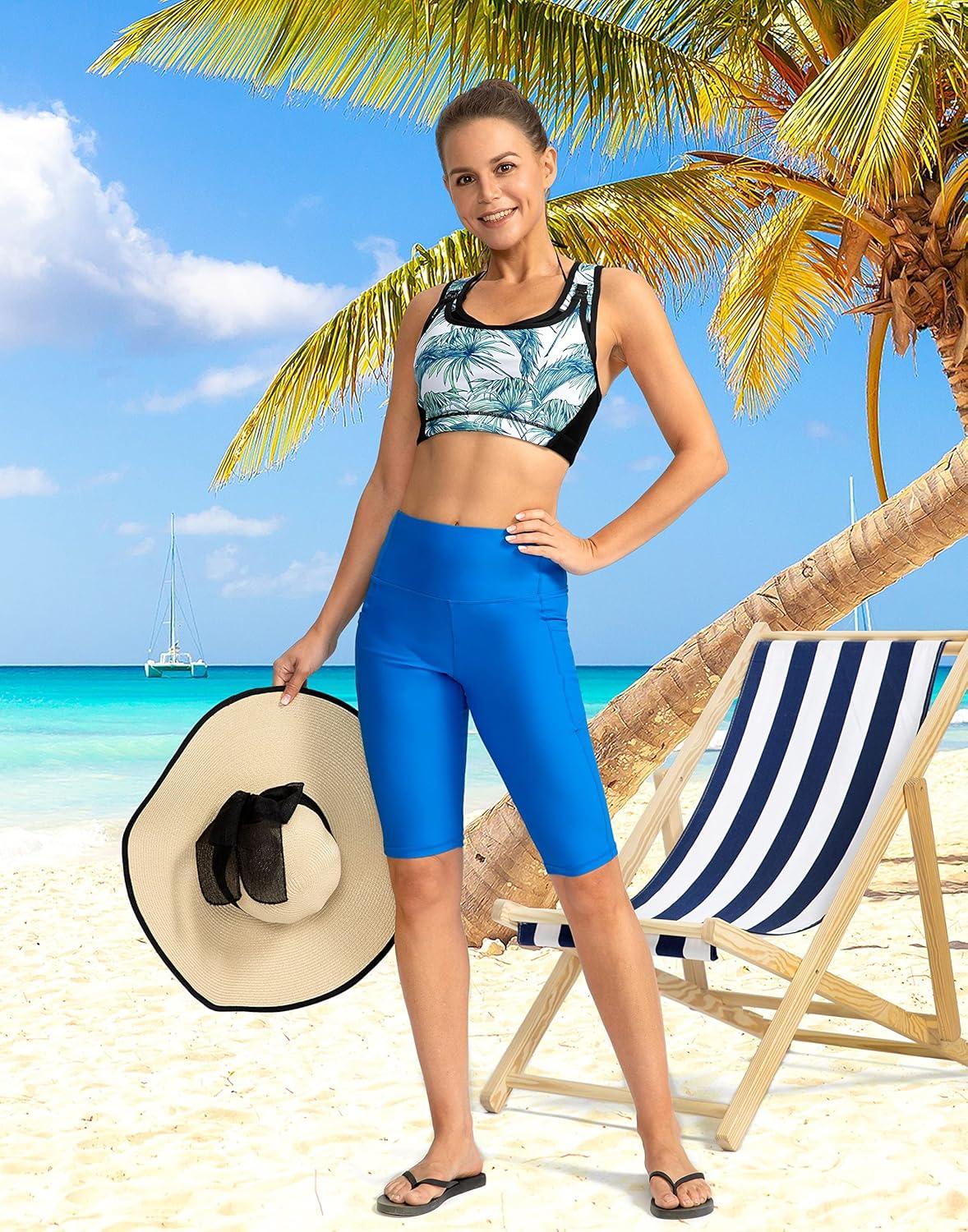 imageSANTINY Womens 812 High Waisted Swim Shorts with Pockets UPF50 Long Board Swimming Shorts for Women with Liner12invivid Blue