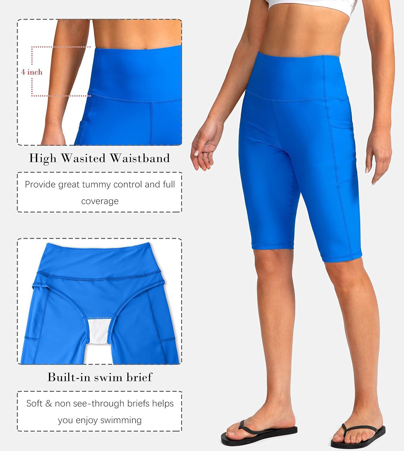 imageSANTINY Womens 812 High Waisted Swim Shorts with Pockets UPF50 Long Board Swimming Shorts for Women with Liner12invivid Blue
