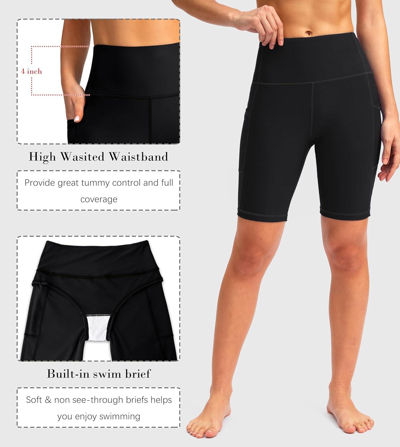 imageSANTINY Womens 812 High Waisted Swim Shorts with Pockets UPF50 Long Board Swimming Shorts for Women with Liner8inblack