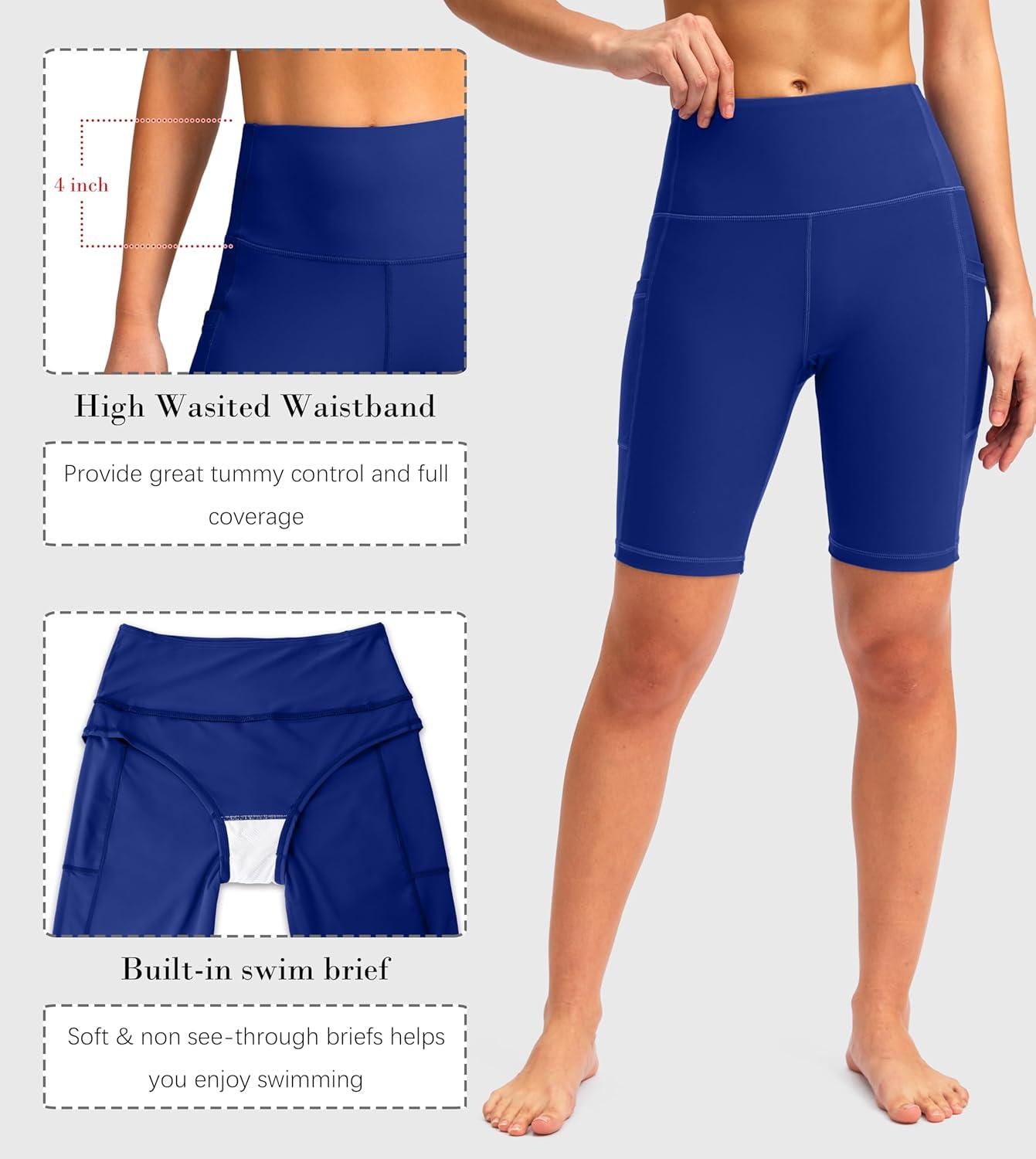 imageSANTINY Womens 812 High Waisted Swim Shorts with Pockets UPF50 Long Board Swimming Shorts for Women with Liner8indeep Blue