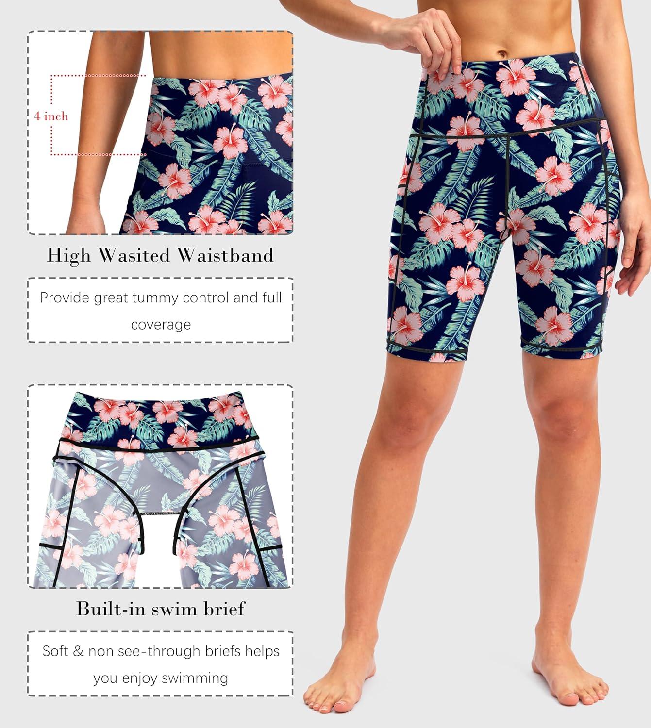imageSANTINY Womens 812 High Waisted Swim Shorts with Pockets UPF50 Long Board Swimming Shorts for Women with Liner8innavy Flower