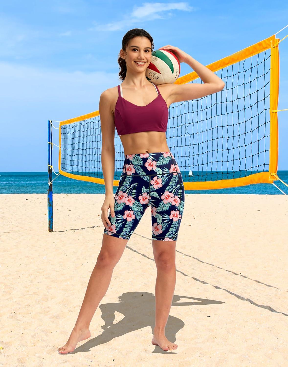 imageSANTINY Womens 812 High Waisted Swim Shorts with Pockets UPF50 Long Board Swimming Shorts for Women with Liner8innavy Flower