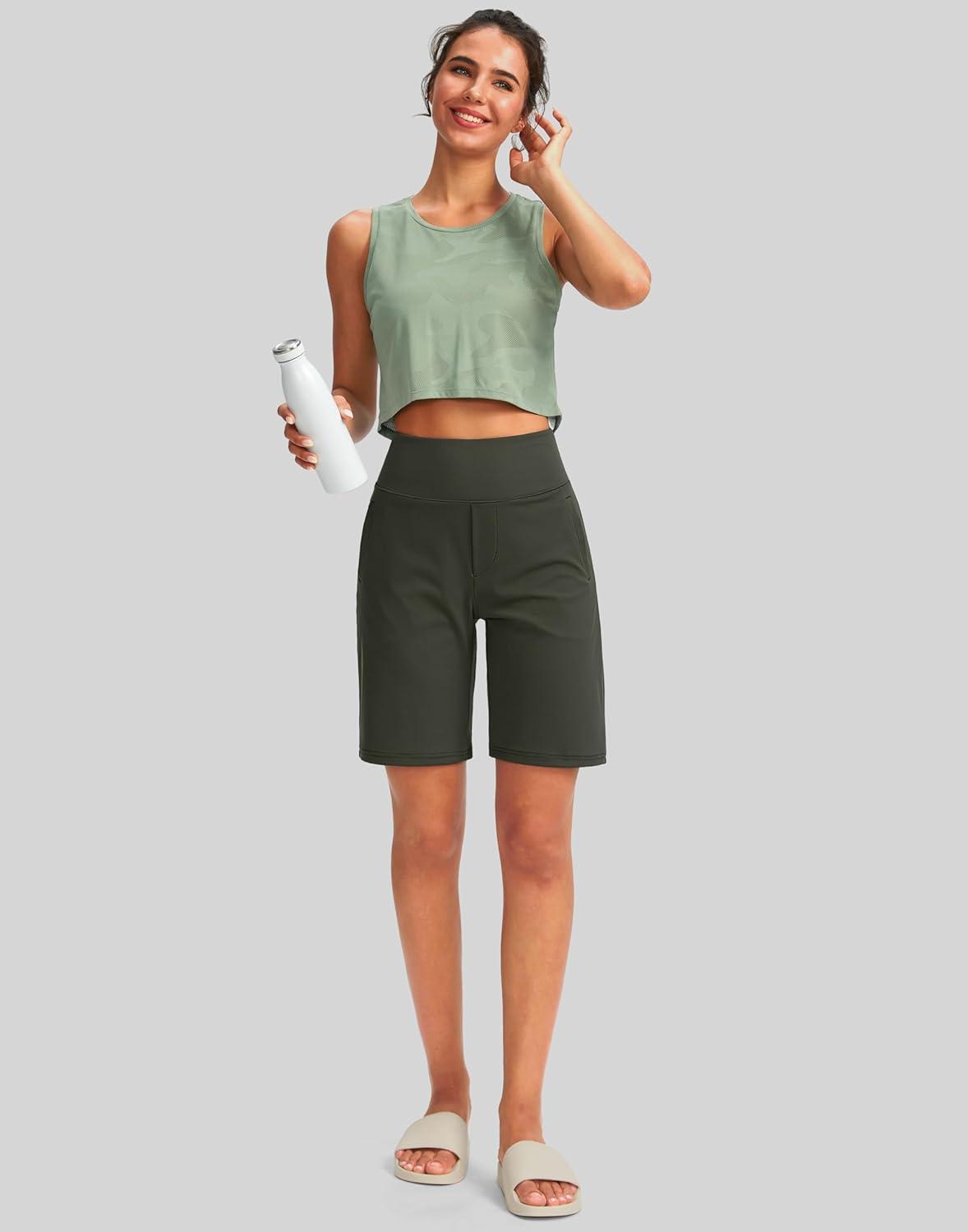 imageSANTINY Womens 9quot High Waisted Bermuda Shorts with 4 Pockets Knee Length Long Shorts for Women Workout Athletic CasualArmy Green