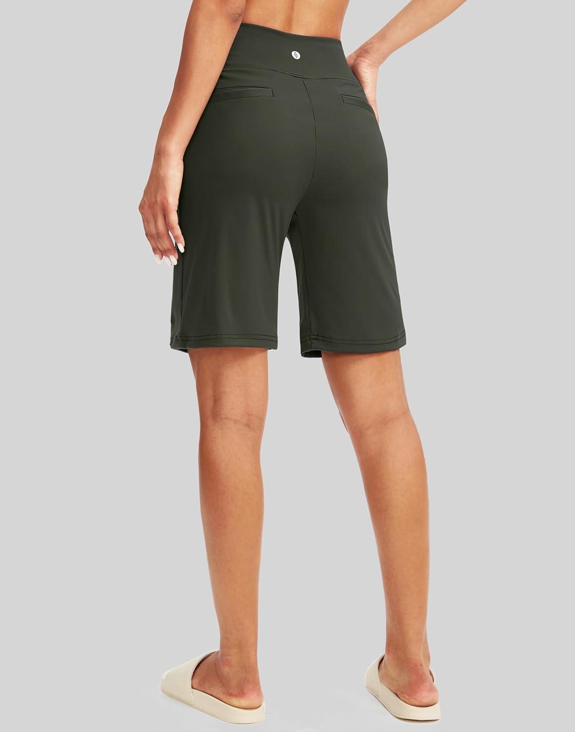 imageSANTINY Womens 9quot High Waisted Bermuda Shorts with 4 Pockets Knee Length Long Shorts for Women Workout Athletic CasualArmy Green