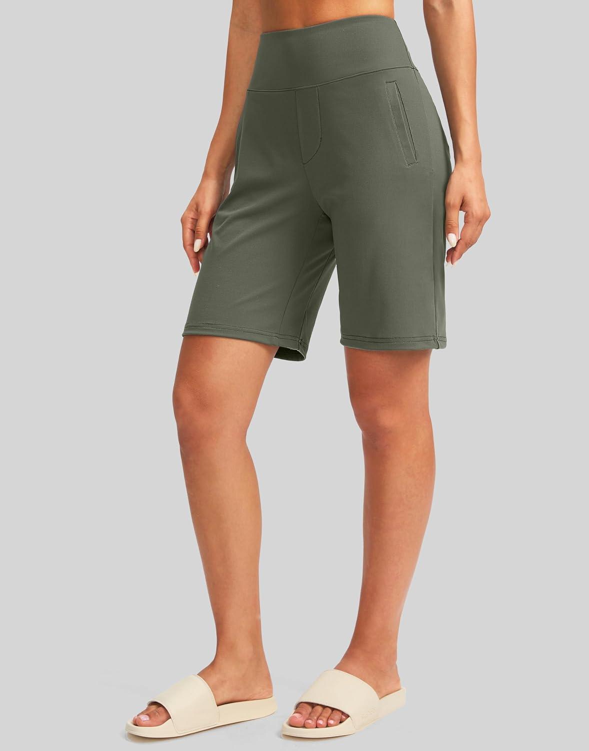 imageSANTINY Womens 9quot High Waisted Bermuda Shorts with 4 Pockets Knee Length Long Shorts for Women Workout Athletic CasualGrey Sage