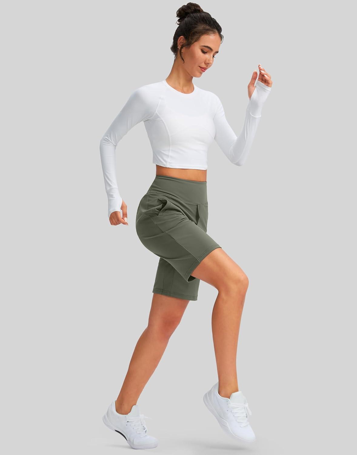 imageSANTINY Womens 9quot High Waisted Bermuda Shorts with 4 Pockets Knee Length Long Shorts for Women Workout Athletic CasualGrey Sage