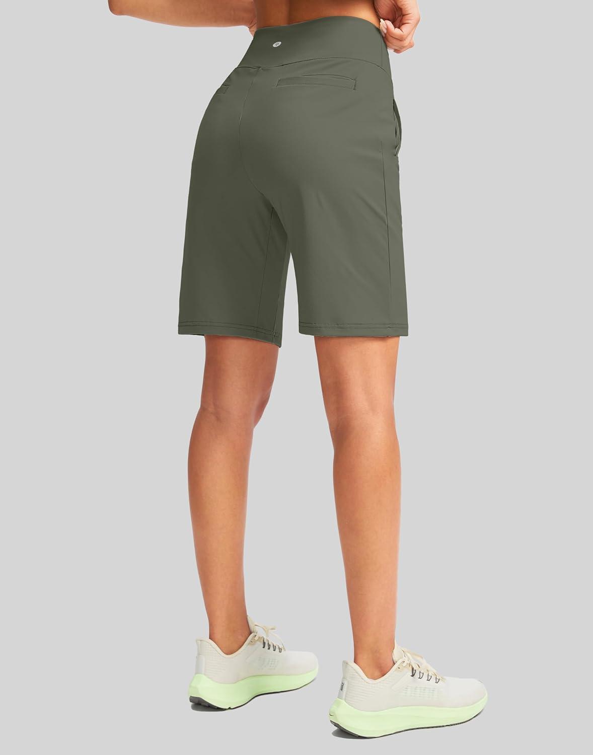 imageSANTINY Womens 9quot High Waisted Bermuda Shorts with 4 Pockets Knee Length Long Shorts for Women Workout Athletic CasualGrey Sage