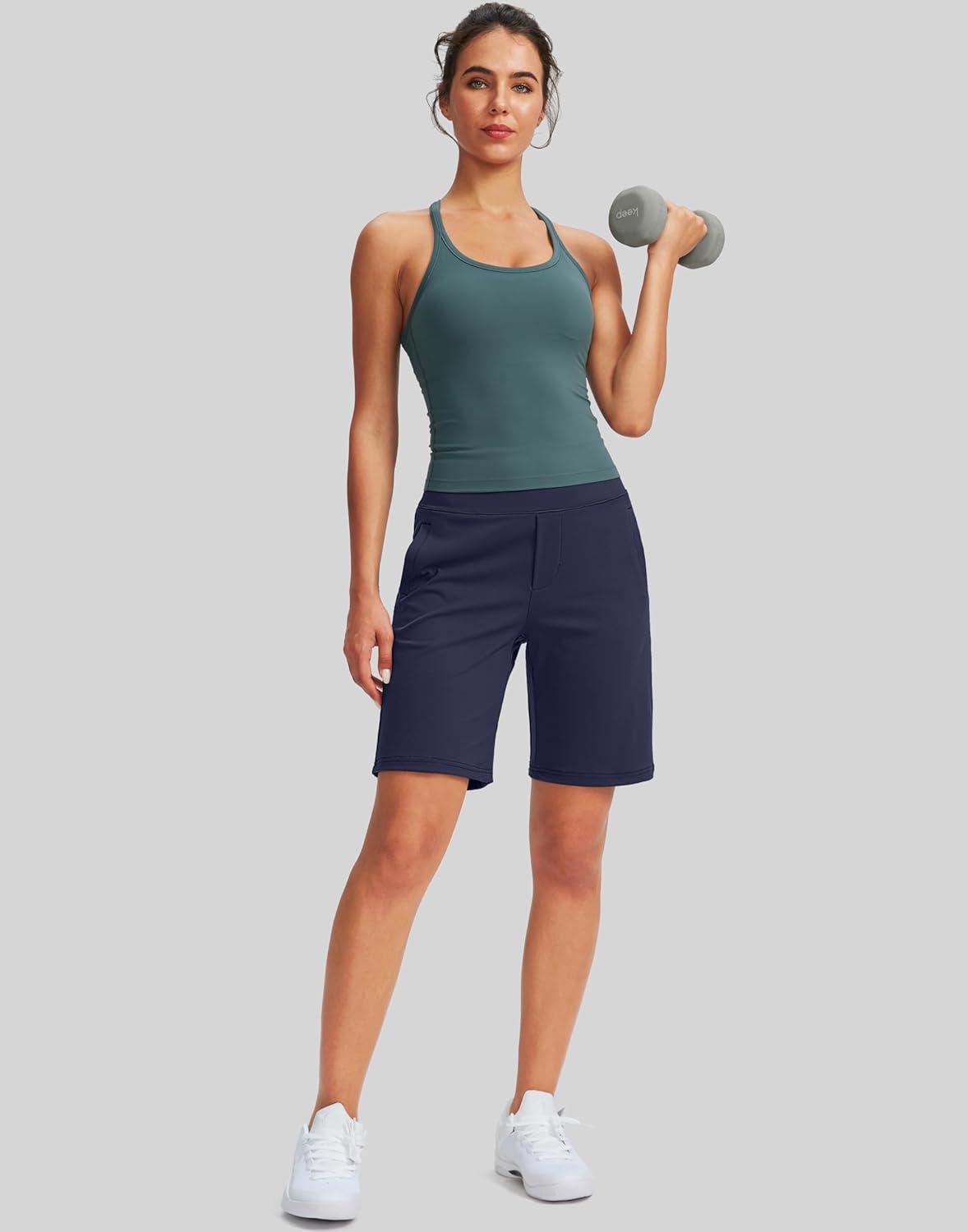 imageSANTINY Womens 9quot High Waisted Bermuda Shorts with 4 Pockets Knee Length Long Shorts for Women Workout Athletic CasualPurplish Blue