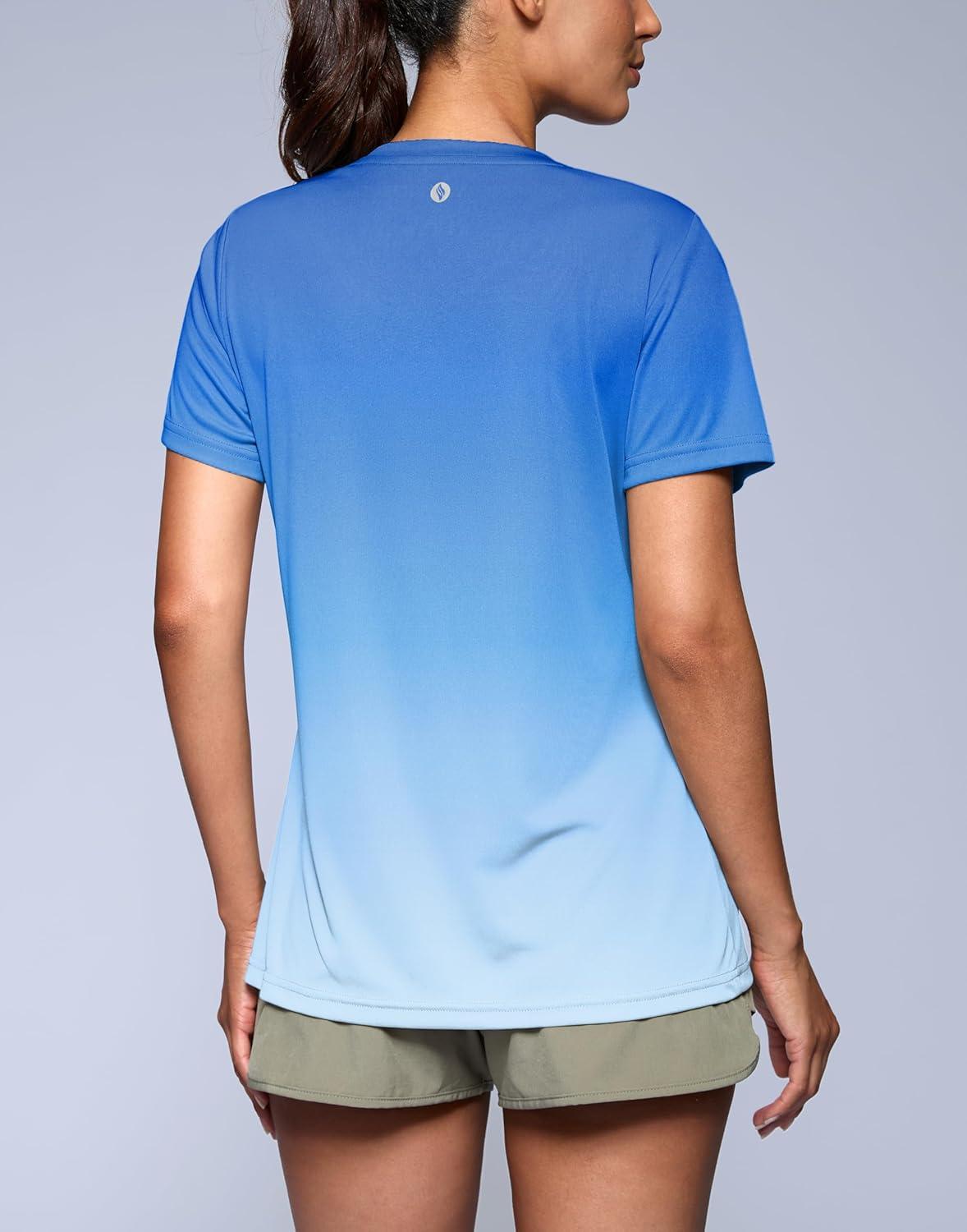 imageSANTINY Womens V Neck Short Sleeve Shirts Uv Protectioin Moisture Wicking Hiking Workout Athletic T Shirts for WomenGradient Blue