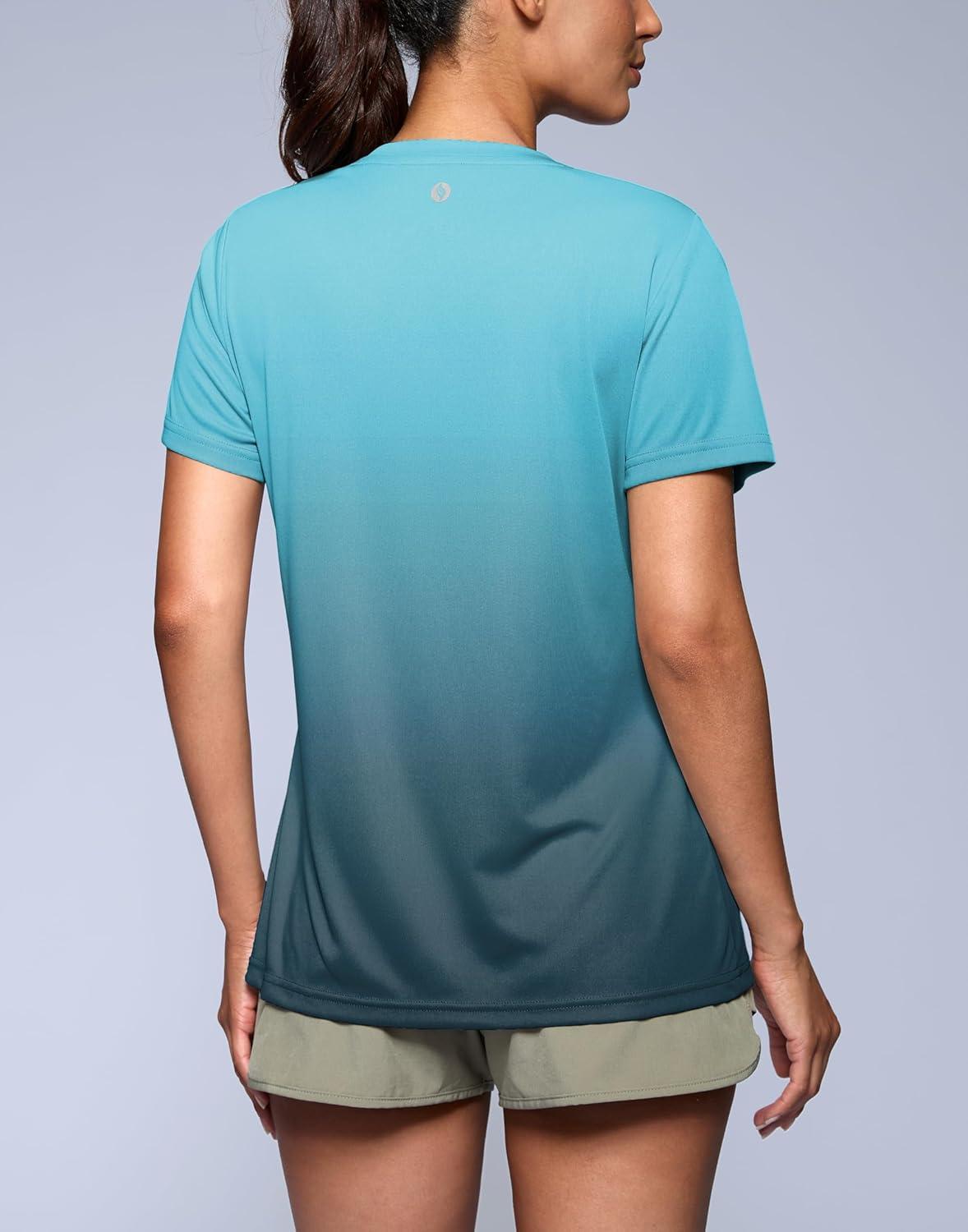 imageSANTINY Womens V Neck Short Sleeve Shirts Uv Protectioin Moisture Wicking Hiking Workout Athletic T Shirts for WomenGradient Green Grey