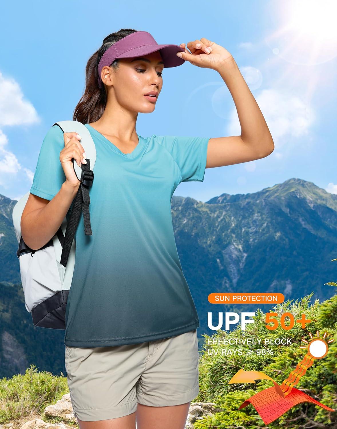 imageSANTINY Womens V Neck Short Sleeve Shirts Uv Protectioin Moisture Wicking Hiking Workout Athletic T Shirts for WomenGradient Green Grey