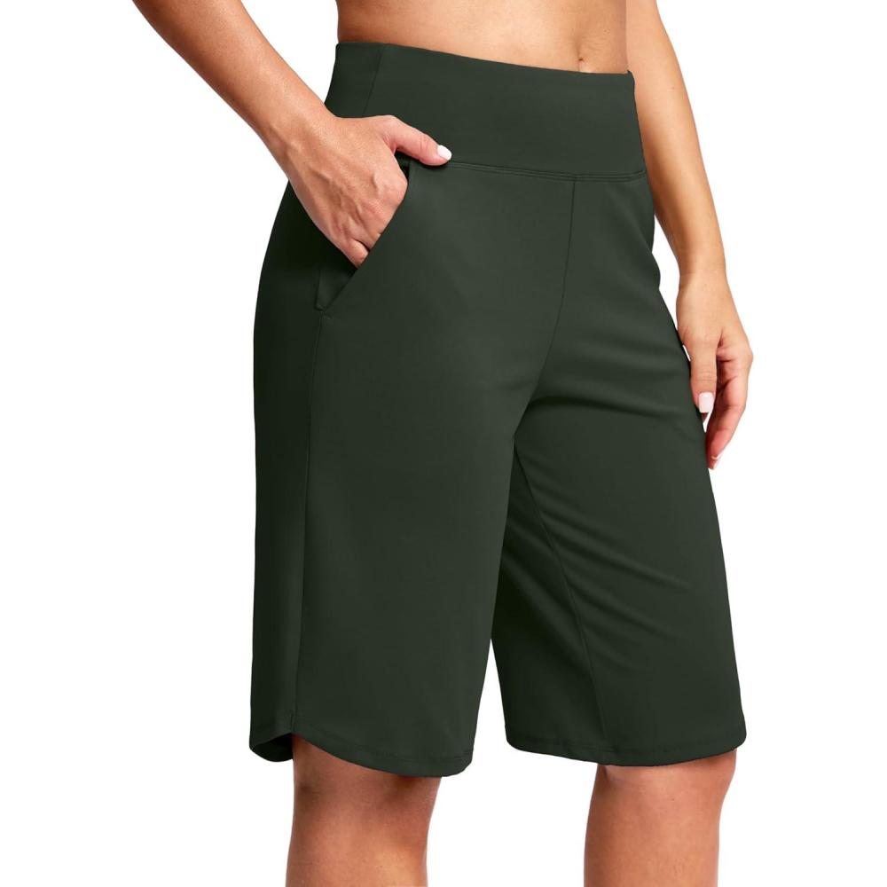imageSANTINY 12quot Long Bermuda Shorts for Women Knee Length with Pockets High Waisted Stretch Shorts for Summer WalkingDark Olive