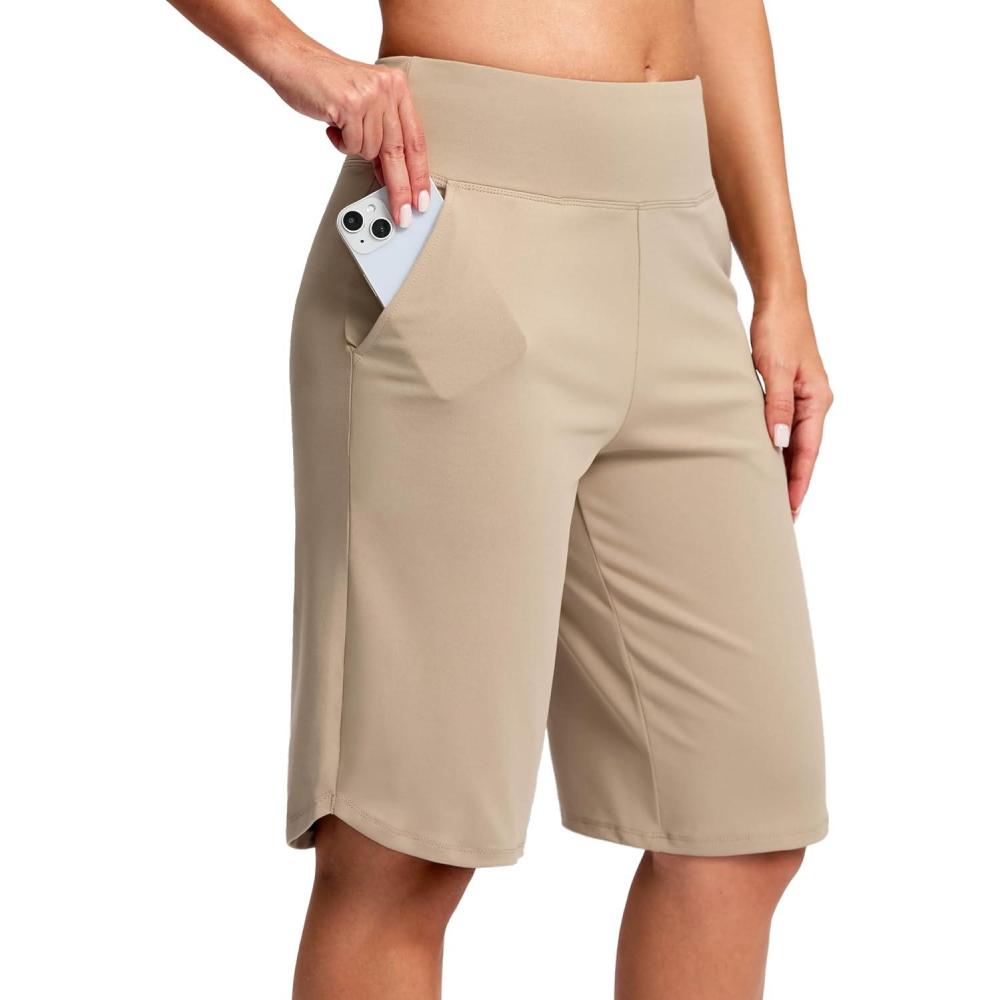 imageSANTINY 12quot Long Bermuda Shorts for Women Knee Length with Pockets High Waisted Stretch Shorts for Summer WalkingLight Khaki