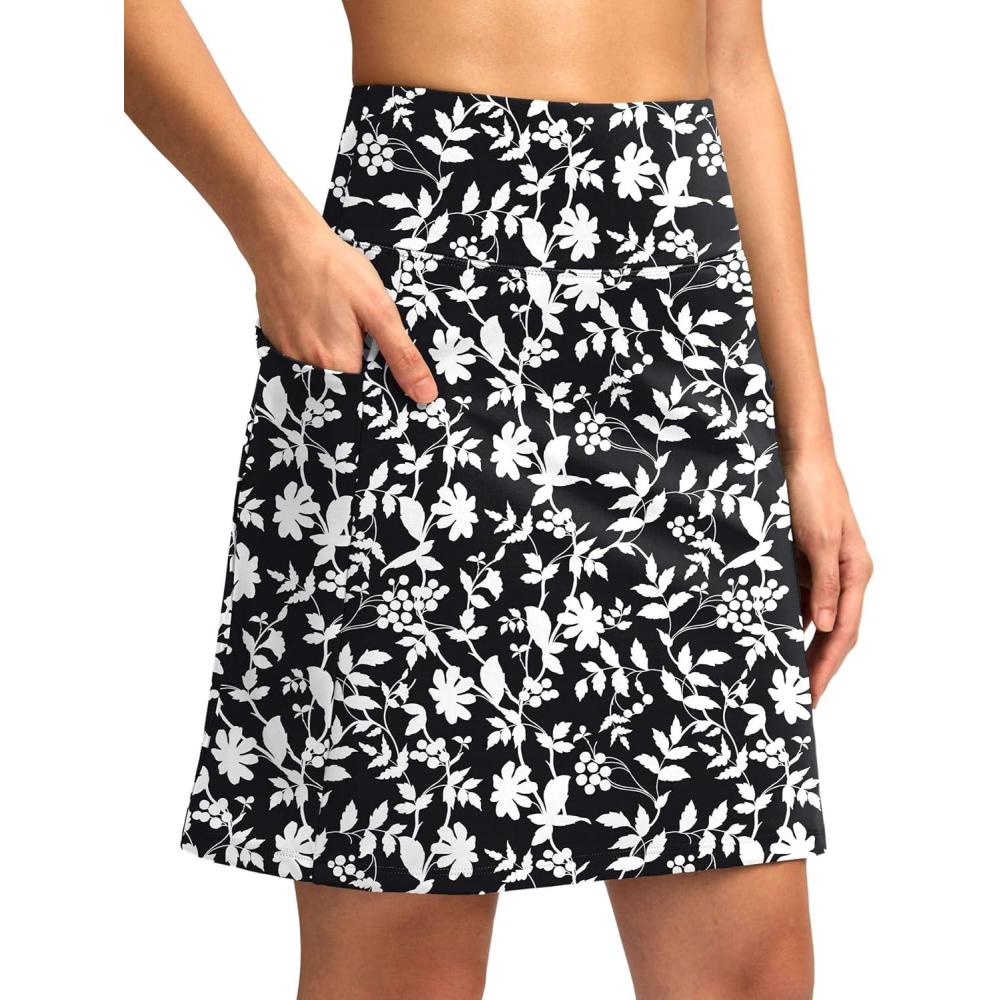 imageSANTINY 18quot Skorts for Women with 4 Pockets High Waist Long Athletic Tennis Skirt Golf Skort Dressy CasualBlack Flower