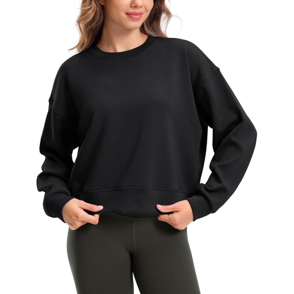 imageSANTINY Fleece Cropped Sweatshirts for Women Soft Crewneck Sweatshirt Pullover Long Sleeve Workout Crop TopsBlack