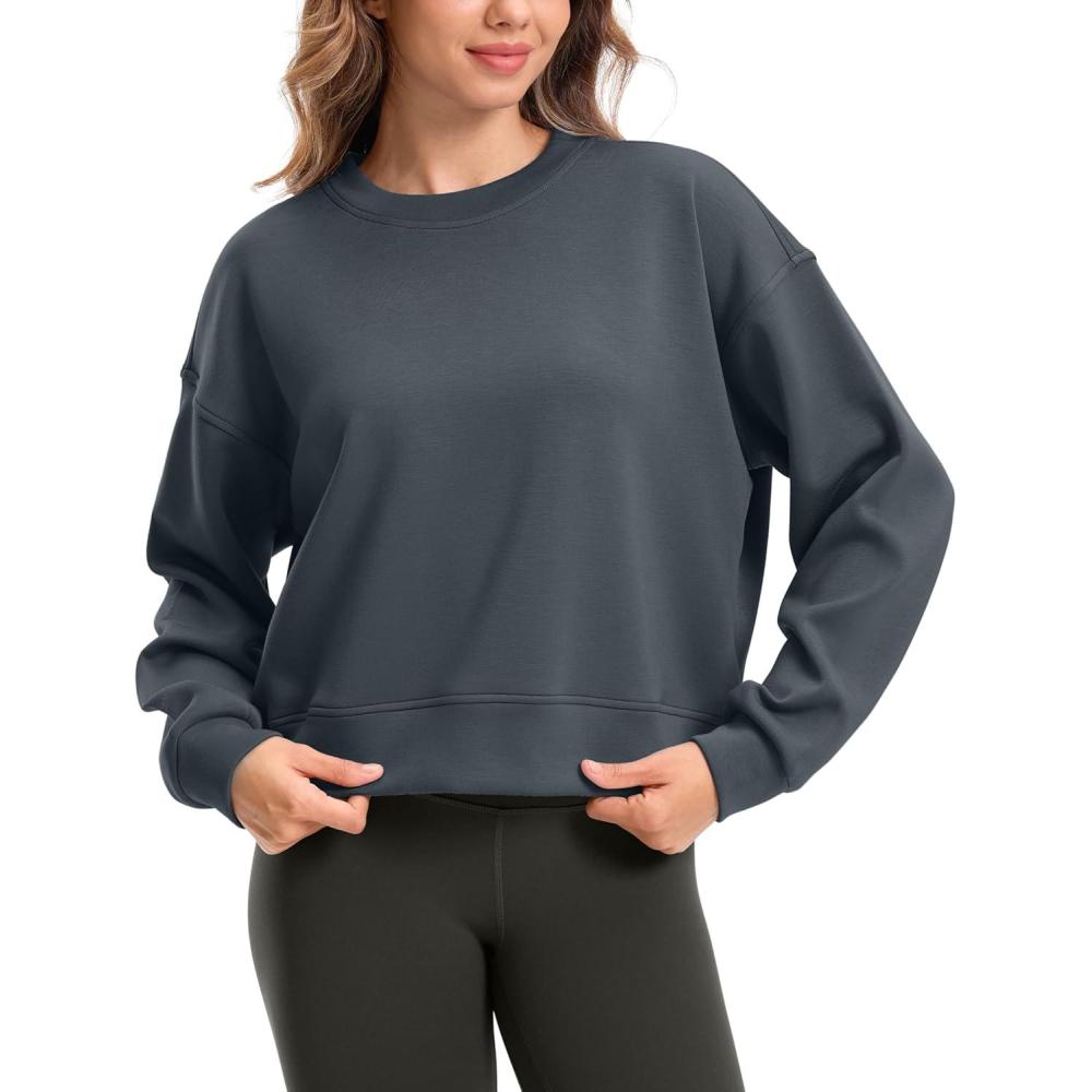 imageSANTINY Fleece Cropped Sweatshirts for Women Soft Crewneck Sweatshirt Pullover Long Sleeve Workout Crop TopsDark Grey