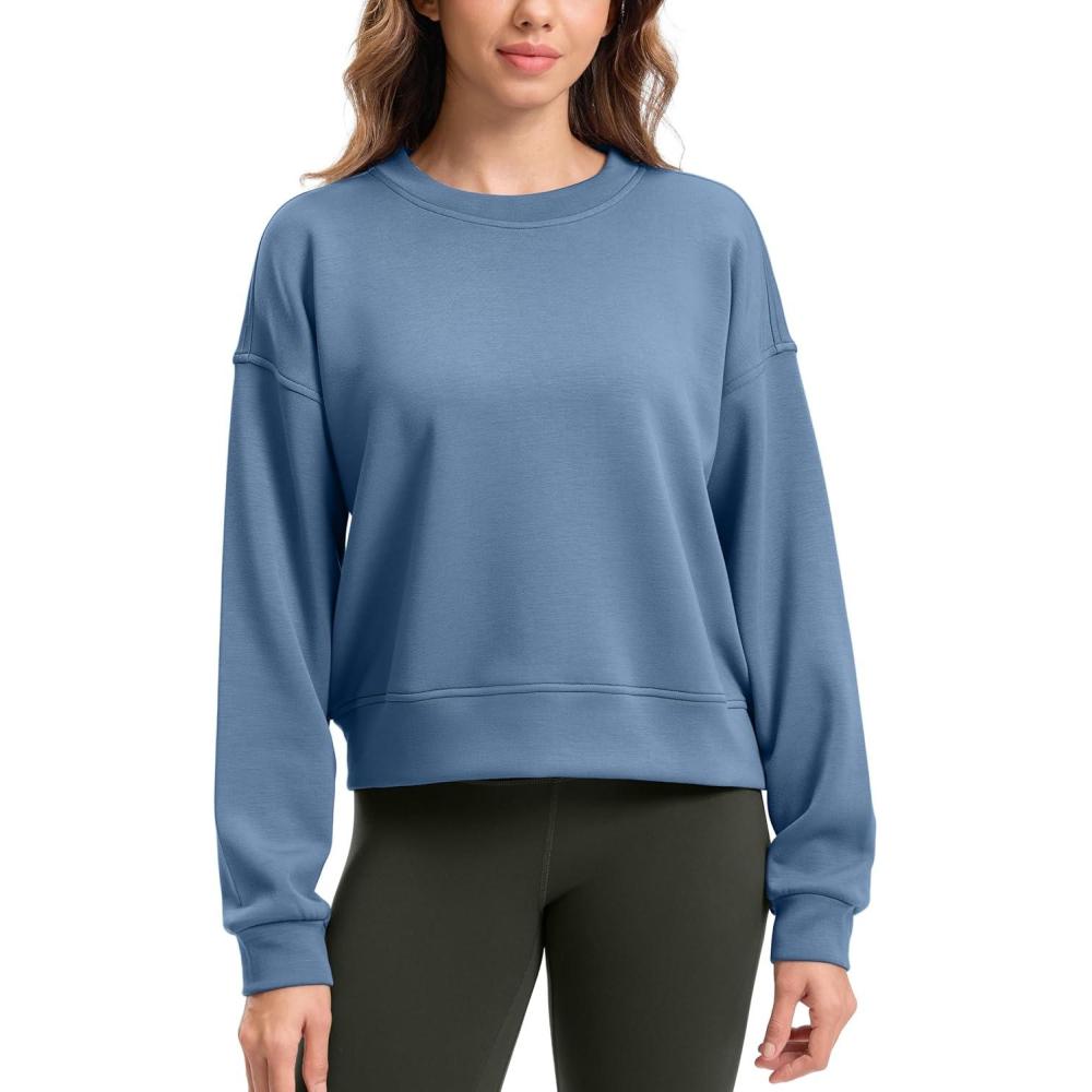 imageSANTINY Fleece Cropped Sweatshirts for Women Soft Crewneck Sweatshirt Pullover Long Sleeve Workout Crop TopsDusty Blue