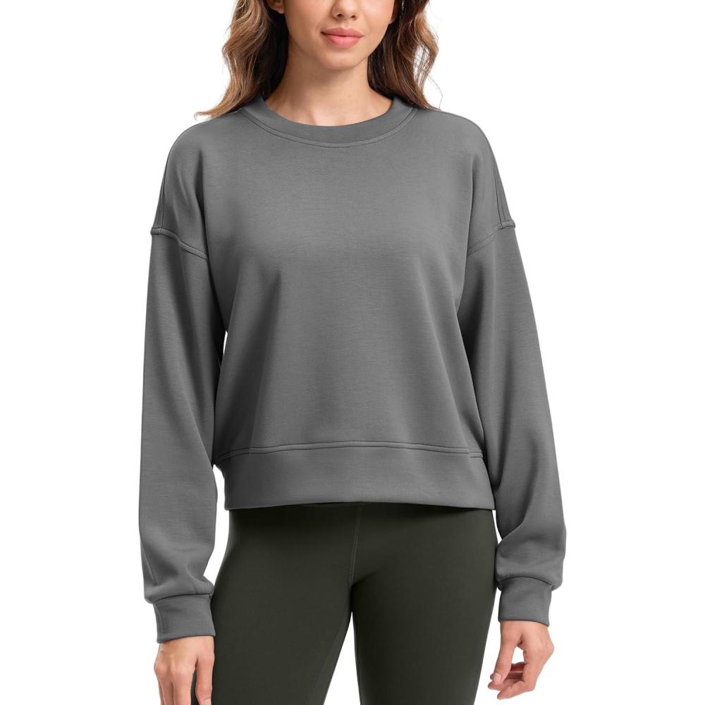 imageSANTINY Fleece Cropped Sweatshirts for Women Soft Crewneck Sweatshirt Pullover Long Sleeve Workout Crop TopsGrey