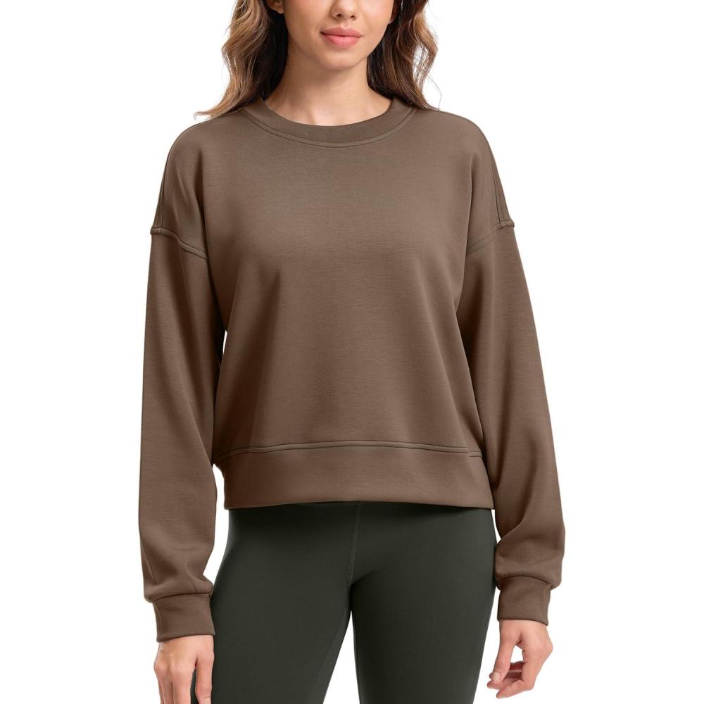 imageSANTINY Fleece Cropped Sweatshirts for Women Soft Crewneck Sweatshirt Pullover Long Sleeve Workout Crop TopsLight Brown