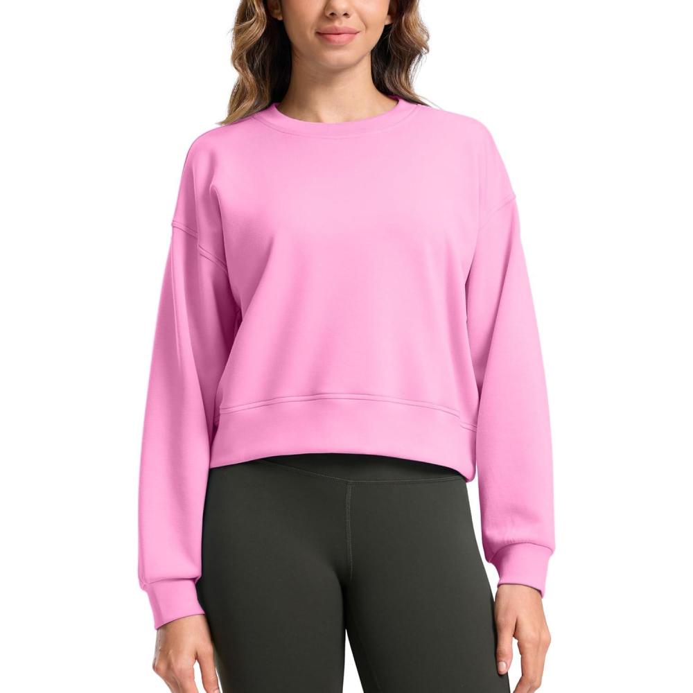 imageSANTINY Fleece Cropped Sweatshirts for Women Soft Crewneck Sweatshirt Pullover Long Sleeve Workout Crop TopsPink