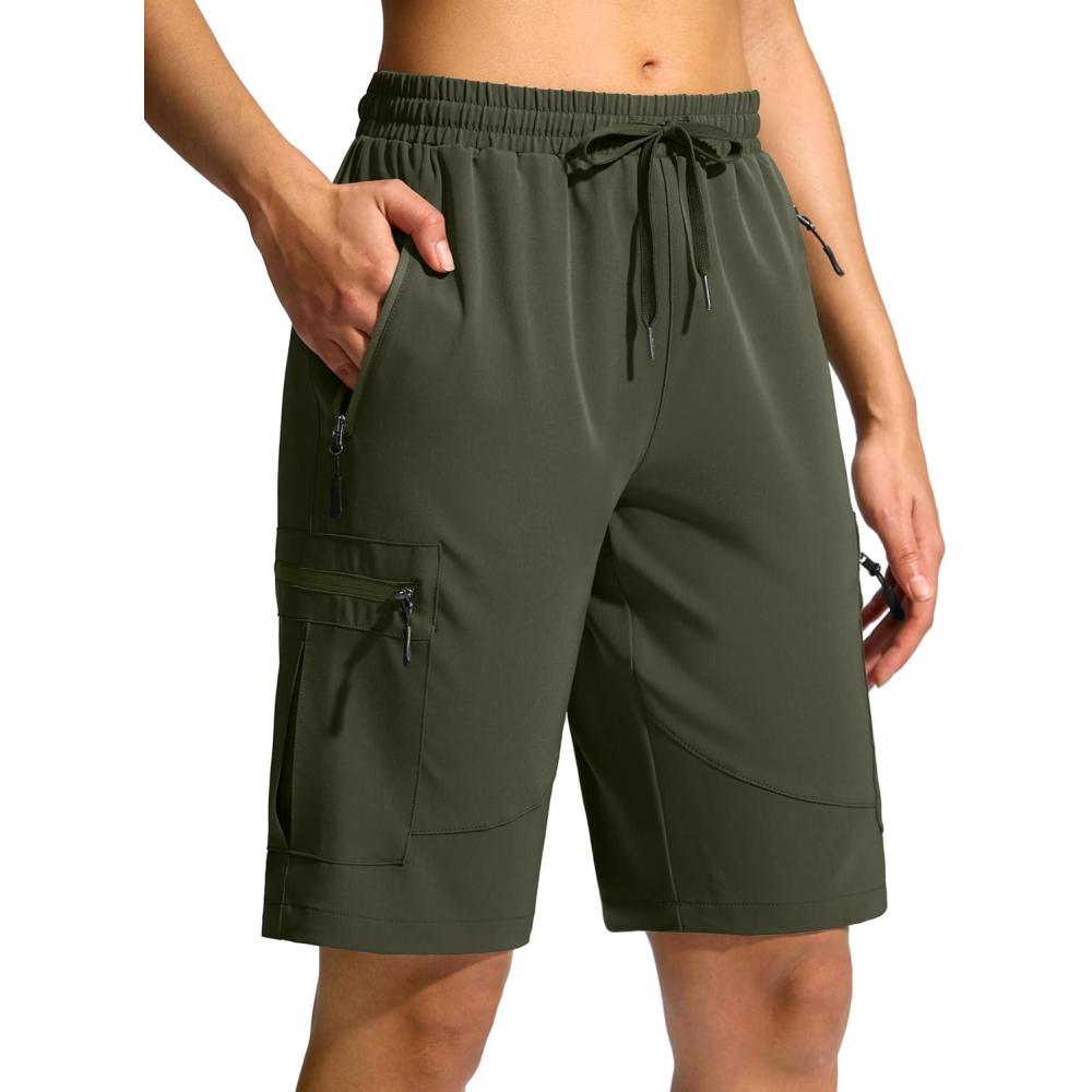 imageSANTINY Womens 10 Lightweight Hiking Cargo Shorts with 5 Zipper Pockets Quick Dry Summer Long Travel Golf Shorts for WomenArmy Green