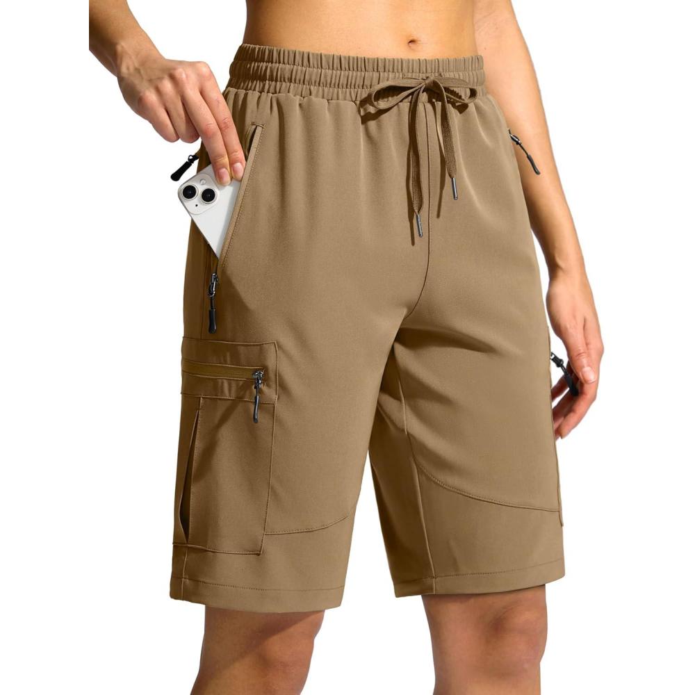 imageSANTINY Womens 10 Lightweight Hiking Cargo Shorts with 5 Zipper Pockets Quick Dry Summer Long Travel Golf Shorts for WomenDark Khaki
