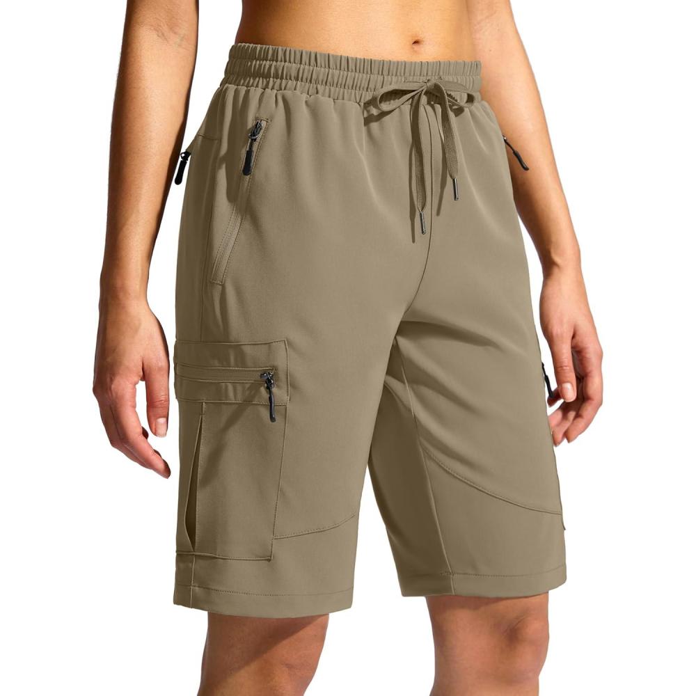imageSANTINY Womens 10 Lightweight Hiking Cargo Shorts with 5 Zipper Pockets Quick Dry Summer Long Travel Golf Shorts for WomenDusty Khaki