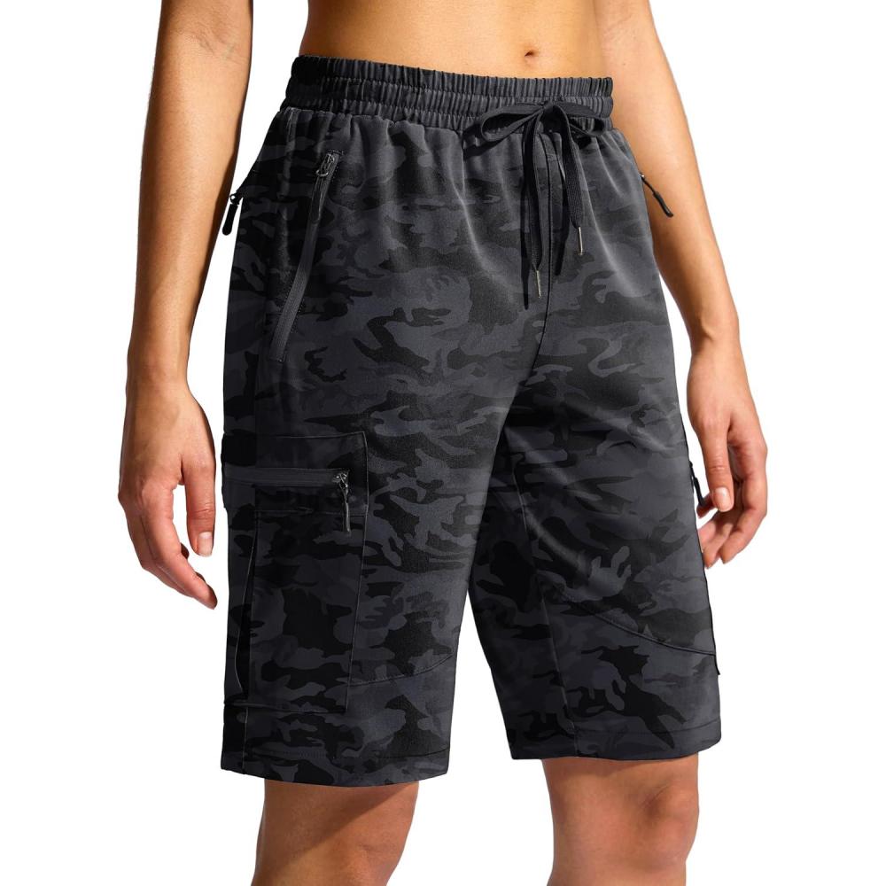 imageSANTINY Womens 10 Lightweight Hiking Cargo Shorts with 5 Zipper Pockets Quick Dry Summer Long Travel Golf Shorts for WomenGrey Camo