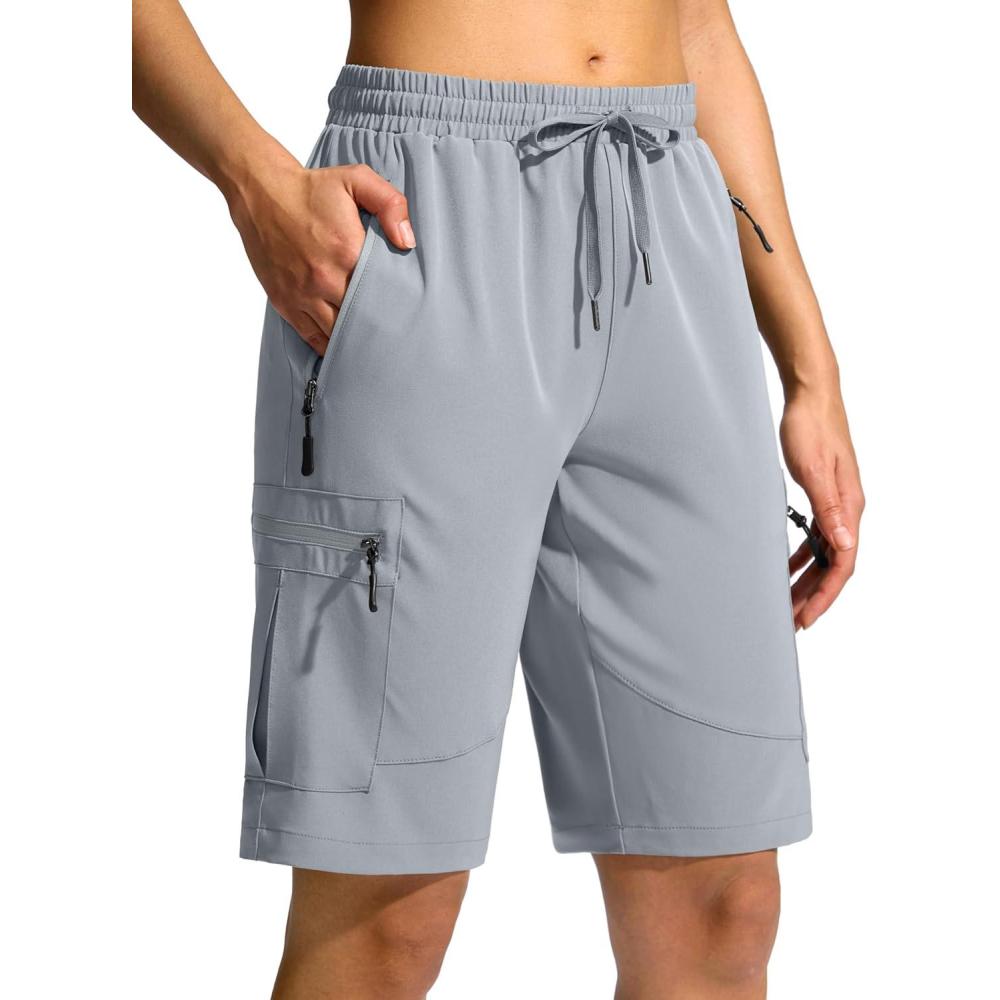 imageSANTINY Womens 10 Lightweight Hiking Cargo Shorts with 5 Zipper Pockets Quick Dry Summer Long Travel Golf Shorts for WomenLight Grey