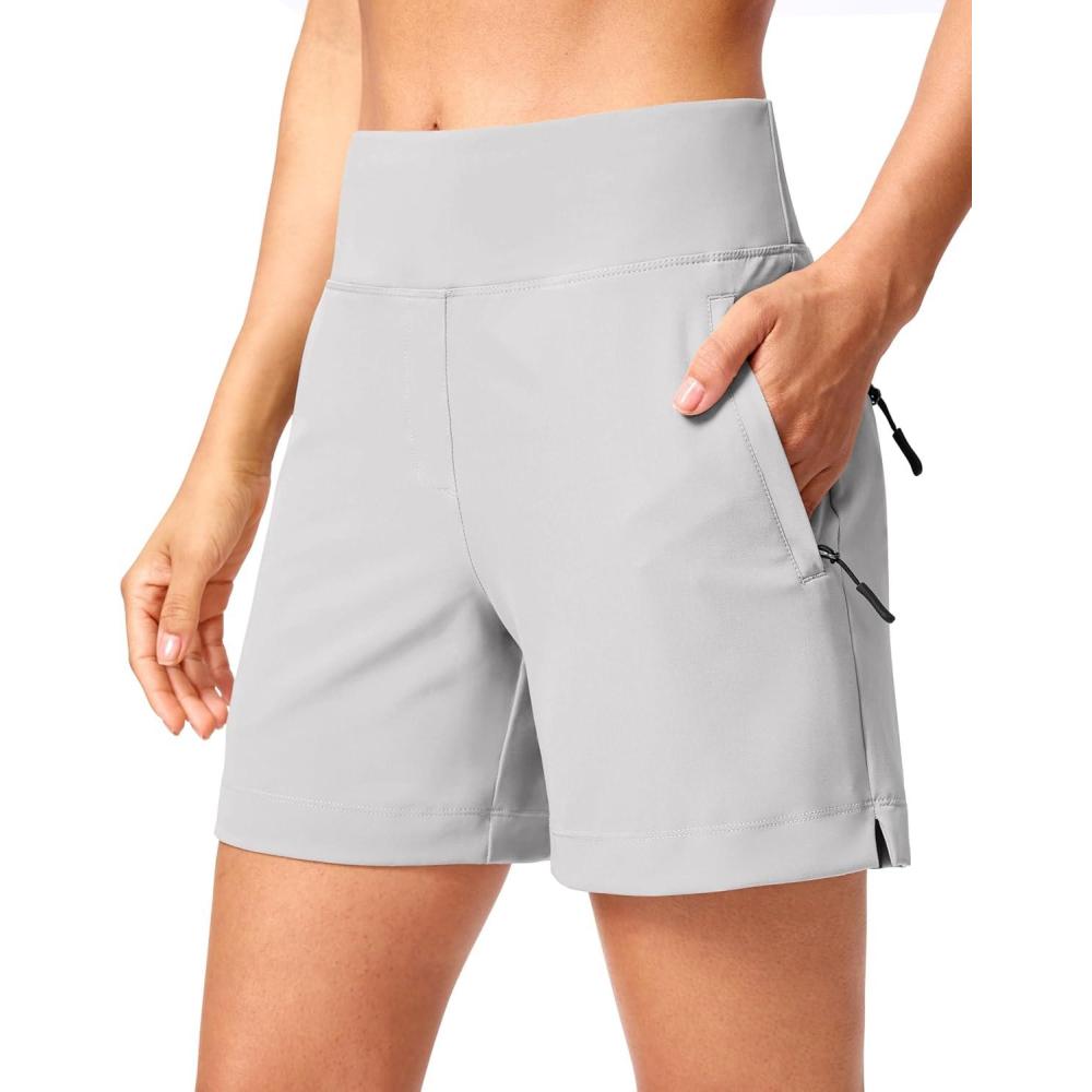 imageSANTINY Womens 5 7Hiking Shorts with 3 Zipper Pockets Lightweight Quick Dry Golf Shorts for Women Athletic WalkingDusty White