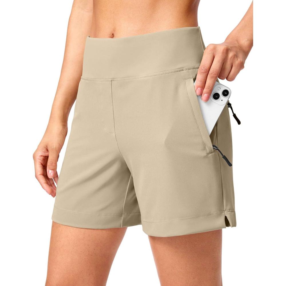 imageSANTINY Womens 5 7Hiking Shorts with 3 Zipper Pockets Lightweight Quick Dry Golf Shorts for Women Athletic WalkingLight Khaki