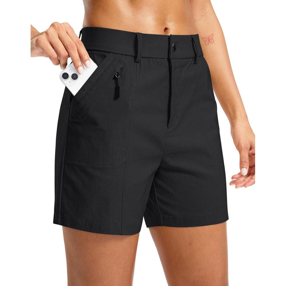 imageSANTINY Womens 5quot Hiking Golf Shorts Quick Dry Stretch Casual Work Shorts with Pockets for Women Walking Travel SummerBlack