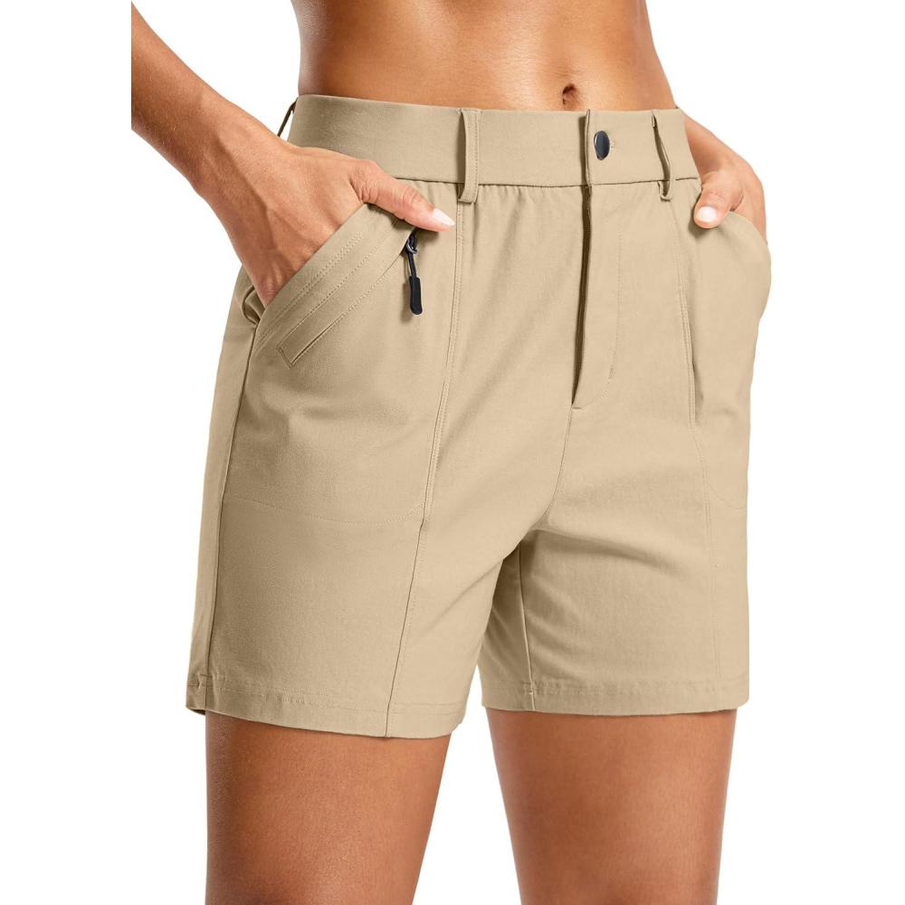 imageSANTINY Womens 5quot Hiking Golf Shorts Quick Dry Stretch Casual Work Shorts with Pockets for Women Walking Travel SummerKhaki