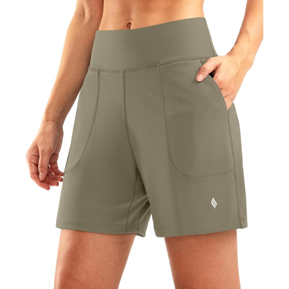 imageSANTINY Womens 6 Athletic Long Shorts with 4 Pockets High Waisted Bermuda Shorts for Women Walking Running CasualDark Khaki