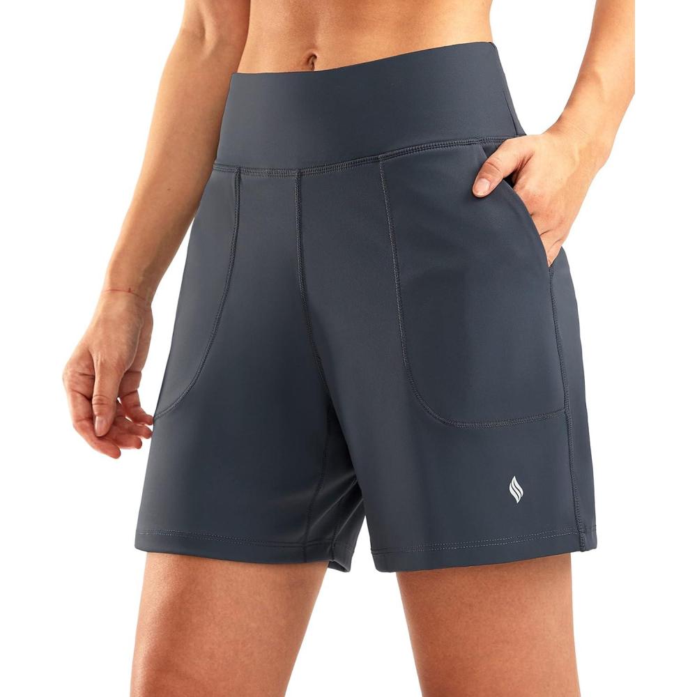 imageSANTINY Womens 6 Athletic Long Shorts with 4 Pockets High Waisted Bermuda Shorts for Women Walking Running CasualDusty Blue