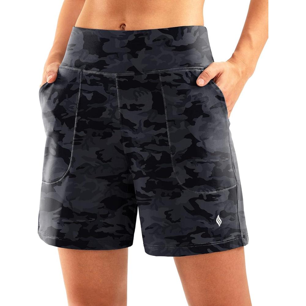 imageSANTINY Womens 6 Athletic Long Shorts with 4 Pockets High Waisted Bermuda Shorts for Women Walking Running CasualGrey Camo