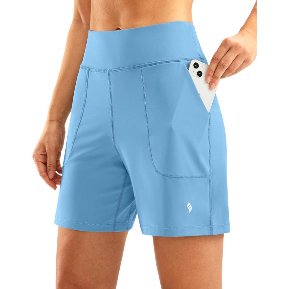 imageSANTINY Womens 6 Athletic Long Shorts with 4 Pockets High Waisted Bermuda Shorts for Women Walking Running CasualLight Blue