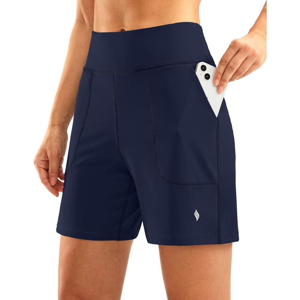 imageSANTINY Womens 6 Athletic Long Shorts with 4 Pockets High Waisted Bermuda Shorts for Women Walking Running CasualNavy