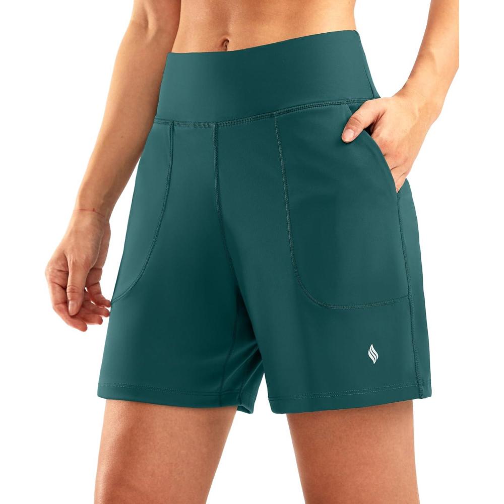 imageSANTINY Womens 6 Athletic Long Shorts with 4 Pockets High Waisted Bermuda Shorts for Women Walking Running CasualPeacock Green
