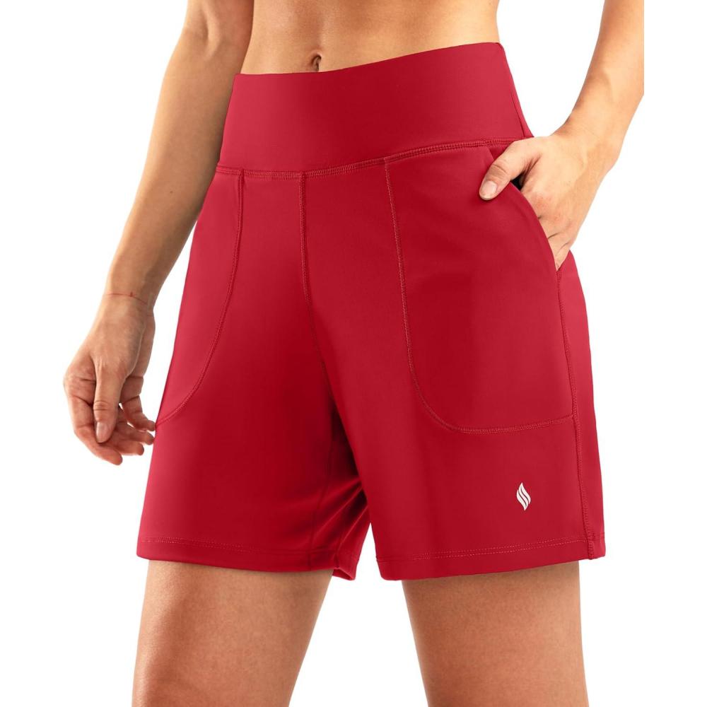 imageSANTINY Womens 6 Athletic Long Shorts with 4 Pockets High Waisted Bermuda Shorts for Women Walking Running CasualRed