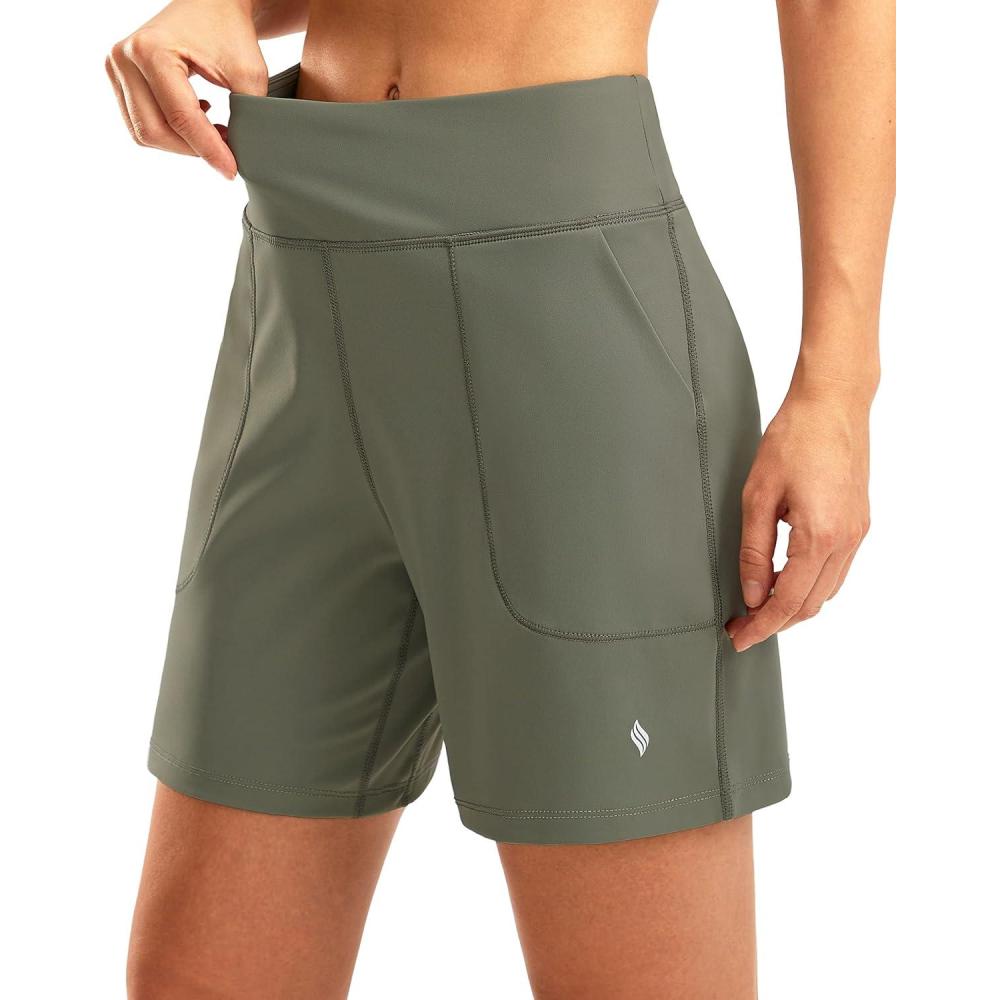 imageSANTINY Womens 6 Athletic Long Shorts with 4 Pockets High Waisted Bermuda Shorts for Women Walking Running CasualSage Green