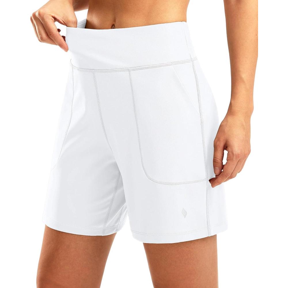 imageSANTINY Womens 6 Athletic Long Shorts with 4 Pockets High Waisted Bermuda Shorts for Women Walking Running CasualWhite